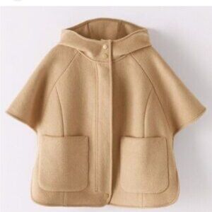 Zara Girls Wool Cape Sz 9-10 Tan Coat Hooded w/ Pockets Beige